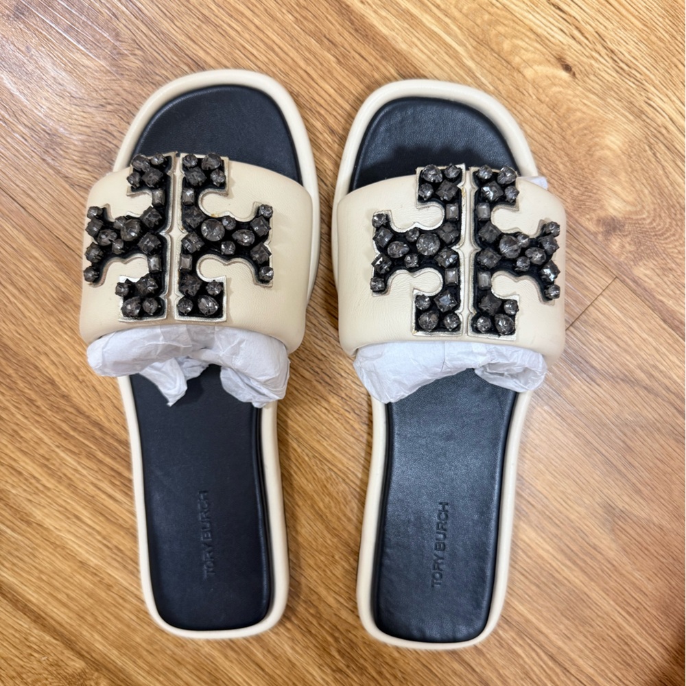 Tory Burch Crystal Double T Sport Slide in Cream Napa Leather
